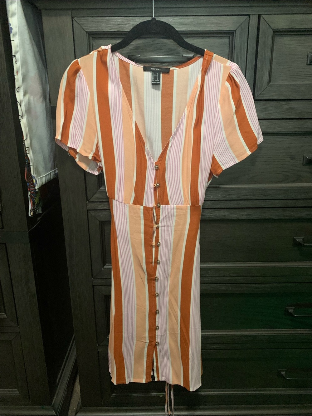 Forever 21 Orange, Pink & Cream Striped Button-Front Midi Dress